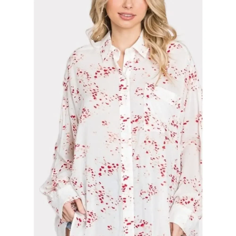 Ivory Print Button Down Blouse Oversized Flowy Top Size Large - Picture 4 of 5